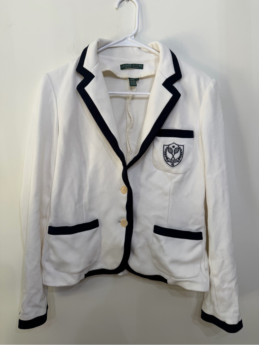 VTG Ralph Lauren Active Knit Crest Blazer White Navy Blue Tennis Sporty Womens L